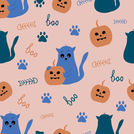 Seamless pattern cat with pumpkin for Halloween. Design elements for Halloween and Mexican holiday Day of the Deadのイラスト素材