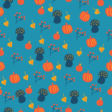 Children's seamless autumn pattern with a pumpkin, an apple, a mushroom and a twig on a blue background. Ideal for greeting cards, wallpaper, wrapping paper, fabric, nursery decoration.のイラスト素材