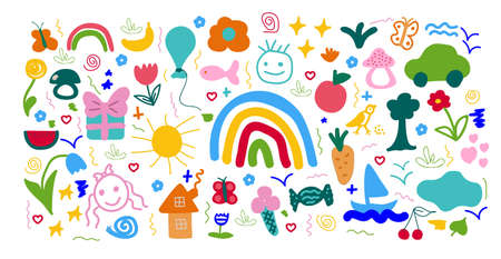 Baby hand-drawn design for textile, posters, cards. Fabric baby design.Cute flowers, rainbows, houses, sun, cars and other decorative elementsのイラスト素材