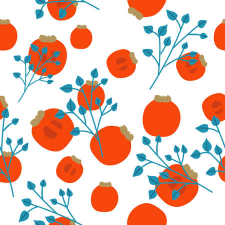 Hand-drawn seamless pattern of ripe juicy persimmon