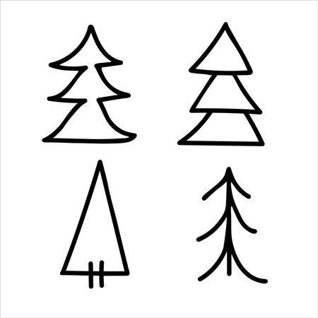 Hand drawn set of Christmas trees. Abstract doodle drawing woodsのイラスト素材