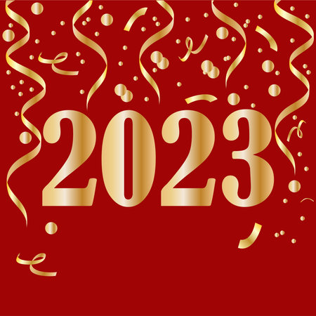 Festive design with golden numbers 2023, confetti and serpentine. New Year's poster on a red backgroundのイラスト素材