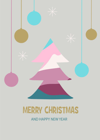 Merry christmas modern design. Christmas tree and Christmas balls in trendy colors for 2023. Hand drawn vector illustration in flat styleのイラスト素材