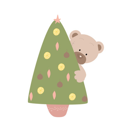 Cute teddy bear peeking out of the Christmas tree.のイラスト素材