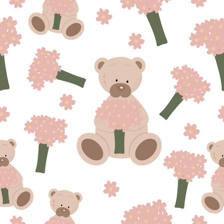 Seamless pattern cute teddy bear with a bouquet of flowers.のイラスト素材