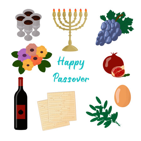 Jewish passover set of decorative elements with matzah and spring flowers.のイラスト素材