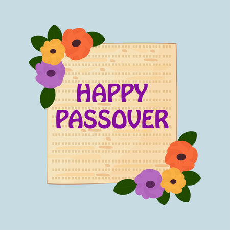 Happy Passover greeting card. Pesach holiday concept with matzah and bouquet of roses.
