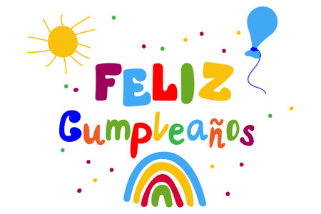 Feliz Cumpleanos translated from Spanish Happy Birthday hand lettering. Children's birthday greeting card, Spanish. vector illustrationのイラスト素材