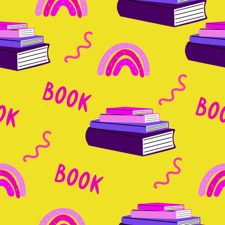 Seamless pattern of hand drawn word Book and stacks of books. Modern vector illustrations in retro 90s style.のイラスト素材