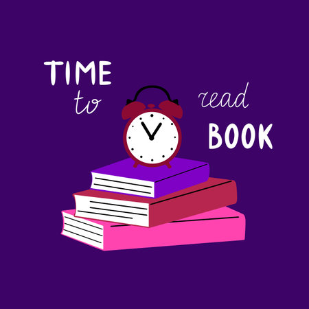 Time to read a book, handwritten lettering. Alarm clock on a stack of books. Hand drawn modern vector illustrations in retro 90s style.のイラスト素材