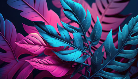 Delicate pastel blue and pink leaves of jungle plants. Floral tropical pattern for wallpaper.AI...