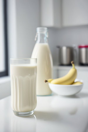 Vegan banana milk with almonds on a white table.Generative AI.の写真素材