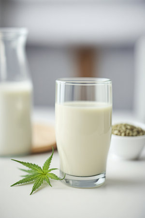 Vegan hemp milk on a white table. Generative AI.の写真素材
