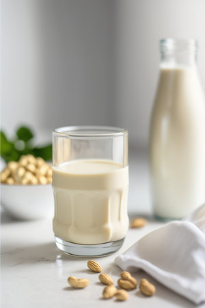 Glass with vegan peanut milk on a white table. Generative AI.の写真素材