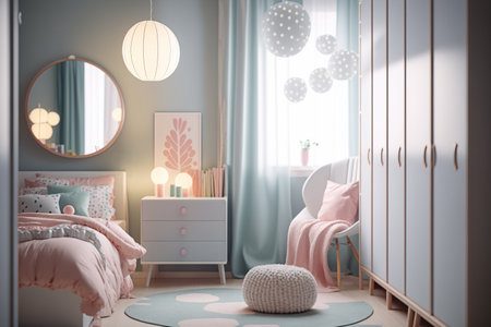 Children's room interior with bed and round mirror. 3d renderingの素材