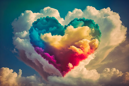 Colorful heart shaped cloud floating across the sky. Generative AI.の素材