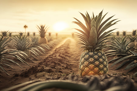 A beautiful agricultural landscape with pineapples growing in neat rows. Generative AI.の素材