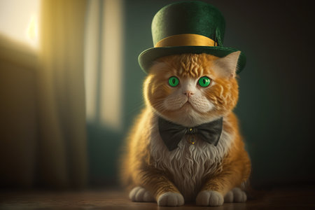 Adorable ginger cat in a green top hat and bow tie celebrate St. Patrick's Day.の素材