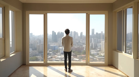 Man looking out of the window in a room with a city viewの素材
