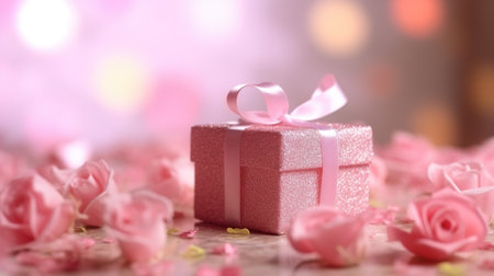 Gift box with pink ribbon and rose petals on bokeh backgroundの素材