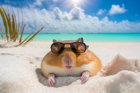 Hamster in sunglasses on the beach with blue sky and white sandの素材