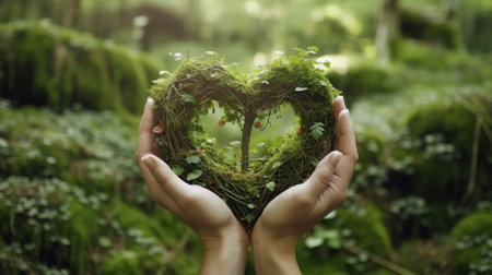 Hands holding a heart shaped tree in the forest. Eco conceptの素材