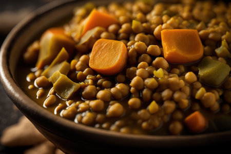 Lentil stew with pumpkin and potatoes in a bowl on a dark backgroundの素材