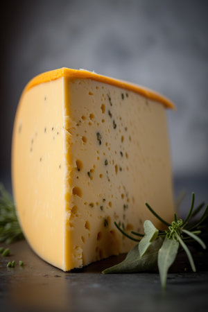 Cheese collection, vegan piece of hard French cheese emmental with rosemary on dark backgroundの素材