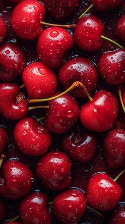 Cherry background with water drops. top view. copyspace.の素材