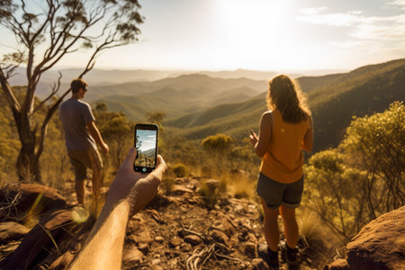Hikers taking photo with mobile phone on a mountain trail at sunsetの素材