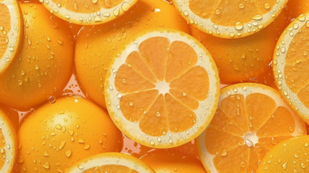 Slices of orange with water drops as background, top viewの素材