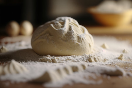 Fresh dough with flour on wooden table, closeup. Cooking processの素材