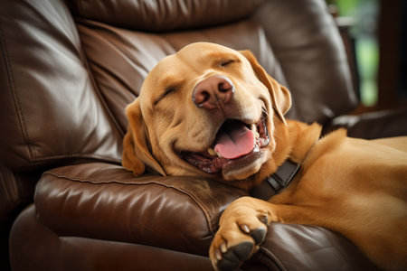 Labrador Retriever lying on leather sofa, close-upの素材