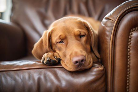 Labrador Retriever puppy sleeping on a brown leather sofa.の素材