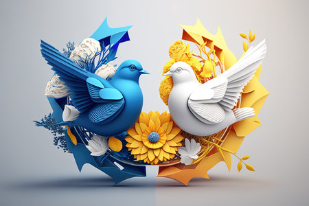 Birds in a wreath of flowers. 3D illustration.の素材
