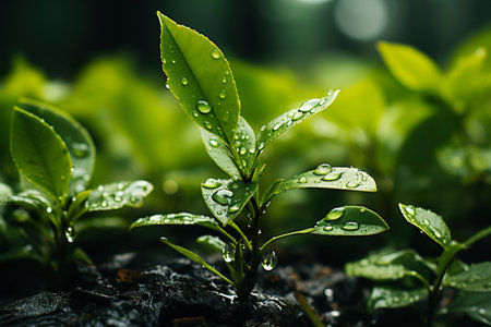 Green tea seedlings with water drops after rain. close-up.の素材