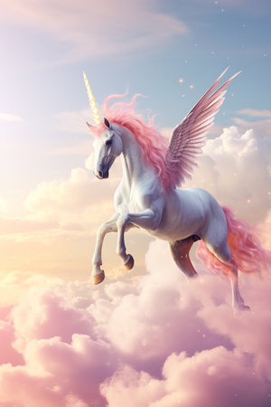 Unicorn flying in the sky. fantasy background. 3d renderingの素材