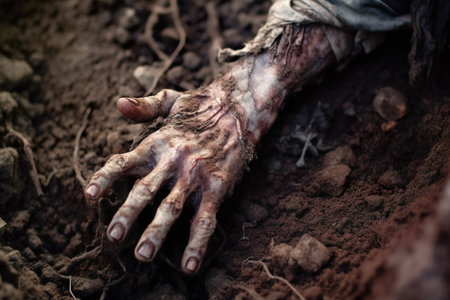 Zombie hands in the soil. Halloween theme. toned.の素材