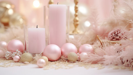 Christmas and New Year decoration with pink candles and bokeh backgroundの素材