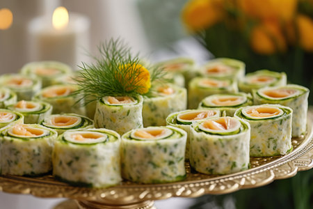 Catering buffet for events, party or wedding reception. Assortment of delicious sushi rolls on golden platter.の素材