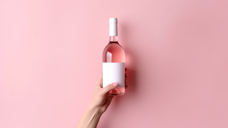 Female hand holding bottle of rose wine on pink background, top viewの素材