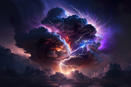 Stormy sky with lightning and dark clouds. 3D illustration.の素材