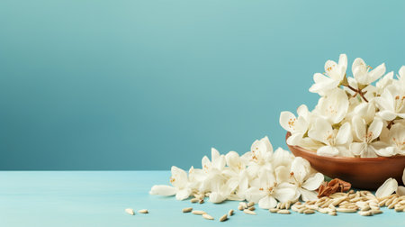 White jasmine flowers and seeds on blue background, copy spaceの素材