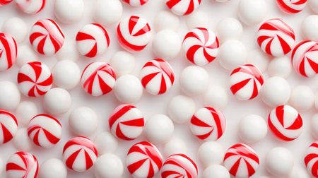 Red and white striped peppermint candy pile on white background. top view.の素材