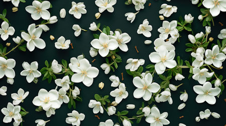 White flowers of apple tree on dark green background. Flat lay, top viewの素材