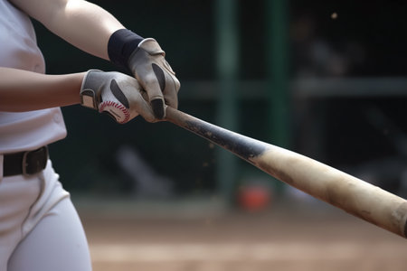 Baseball player swinging a bat in a baseball game on a sunny day.の素材