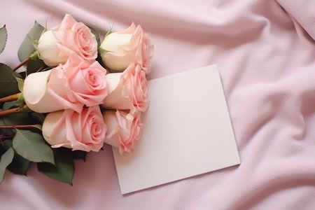 Bouquet of pink roses and blank card on pink silk backgroundの素材