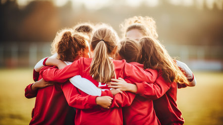 Group of children in red sportswear standing together on soccer fieldの素材
