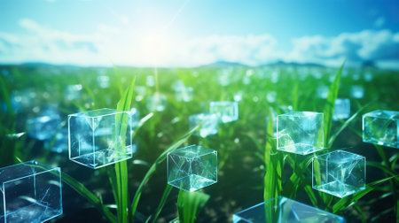 Seedlings of rice with blue sky and sun light background.の素材