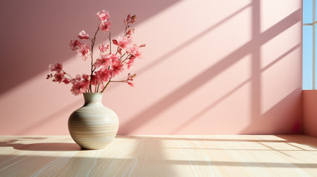 3d render of vase with sakura flowers in the roomの素材